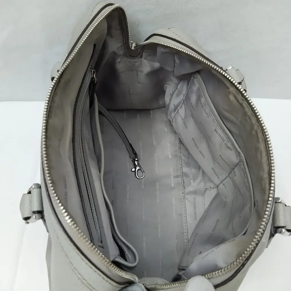 Michael Kors Mercer Gray Pebbled Leather Double Handles Zipper Satchel Bag